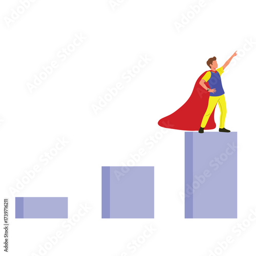 a man, dressed in a casual outfit and a red cape, standing triumphantly on the highest bar of a bar graph. A person who is successful and achieves his goals. Suitable for business and finance themes.