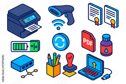 Smart Office Essentials. Isometric vector illustration set Smart office printing: touch screen printer, barcode scanner, official