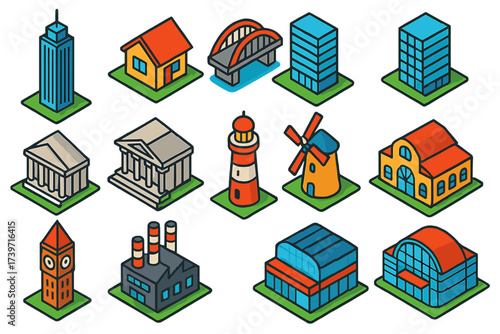 Vibrant Architectural Icons. Isometric vector illustration set Architecture elements: modern skyscraper, suburban house, bridge,