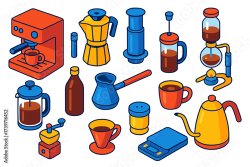 Coffee Brewing Icons. Isometric vector illustration set Coffee brewing methods: espresso machine, moka pot, AeroPress, siphon