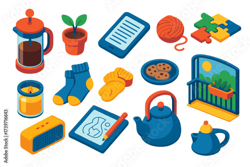 Midday Break Essentials. Isometric vector illustration set Midday break ideas: coffee press, small plant, reading tablet, knit