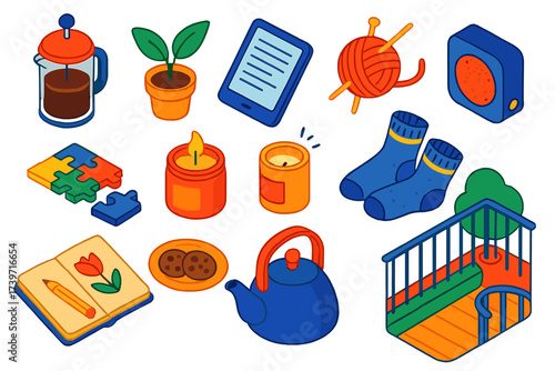 Midday Break Essentials. Isometric vector illustration set Midday break ideas: coffee press, small plant, reading tablet, knit