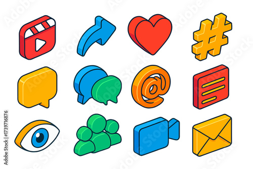Viral Content Icons. Isometric vector icon set viral content: reels play, share arrow, heart like, hashtag symbol, message bubble,