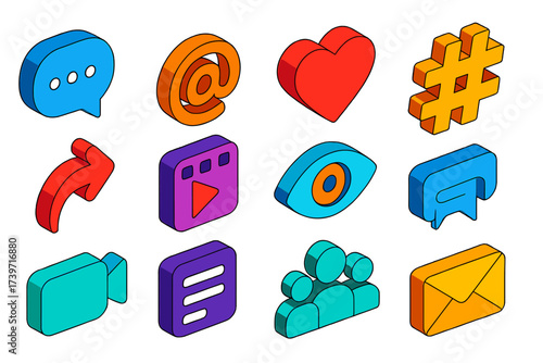 Colorful Social Media Icons. Isometric vector icon set instant connection: message bubble, mention @, heart like, hashtag symbol,