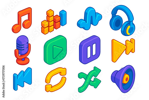 Colorful Music Icons. Isometric vector icon set music library: music note, equalizer, volume wave, headphones, podcast mic, play