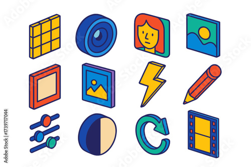 Vibrant Photo Icons. Isometric vector icon set photo composition: grid squares, camera lens, portrait face, landscape sun, photo