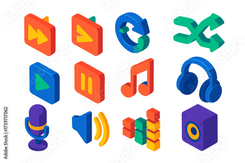 Playlist Control Icons. Isometric vector icon set playlist control: skip next, skip back, repeat, shuffle, play button, pause,