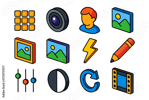 Vibrant Photo Icons. Isometric vector icon set photo composition: grid squares, camera lens, portrait face, landscape sun, photo