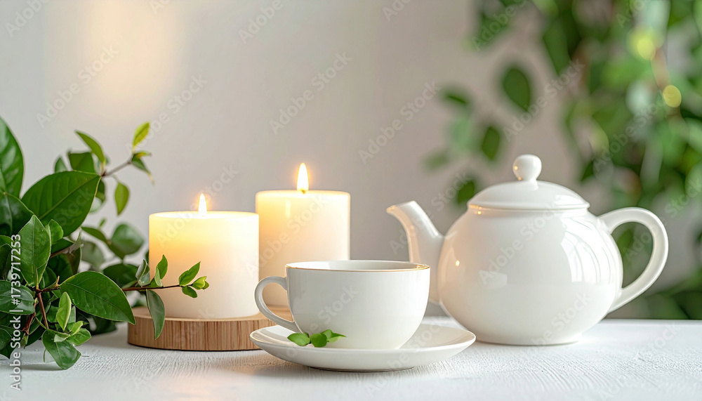 Fototapeta premium Image of Serene tea setting with teapot, cup, candles, and greenery, soft lighting