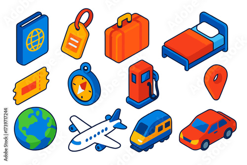 Tourist Journey Icons. Isometric vector icon set tourist journey: passport book, luggage tag, suitcase, hotel bed, ticket stub,