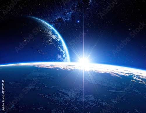 Sunrise on Earth with Celestial Bodies in Deep Blue Cosmos