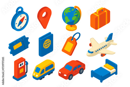 Travel Icons Set. Isometric vector icon set travel directions: compass, map pin, world globe, suitcase, ticket stub, passport book