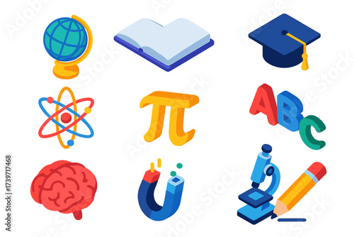 Global Education Icons. Isometric vector icon set global education: globe learn, book open, graduation cap, pencil write, atom