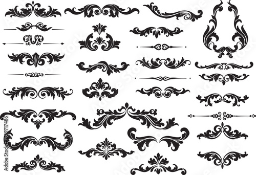  Elegant decorative flourishes and vintage ornamental clipart set. Classic vector frames, borders, and divider design elements..