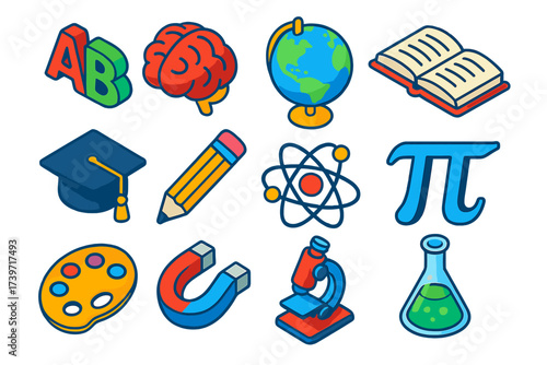 Multilingual Education Icons. Isometric vector icon set multilingual education: language ABC, brain think, globe learn, book open,