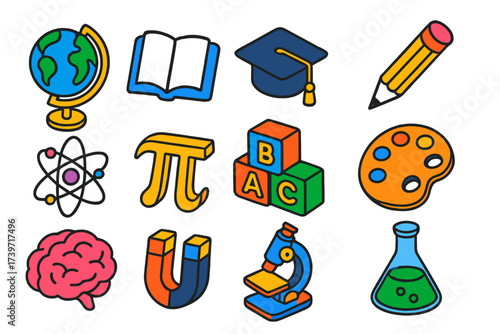 Global Education Icons. Isometric vector icon set global education: globe learn, book open, graduation cap, pencil write, atom