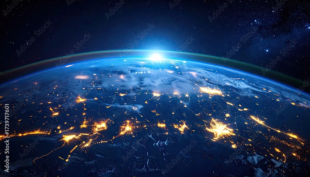 Obraz premium Sunrise Over Illuminated Earth with City Lights and Atmospheric Glow in Dark Blue Space
