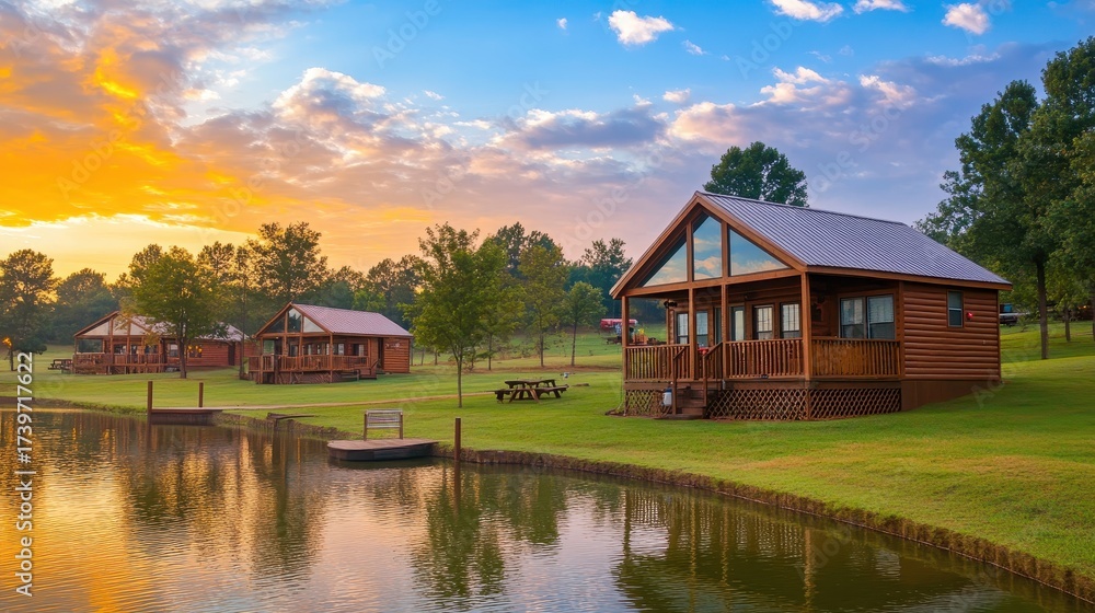 Fototapeta premium Lakeside Cabins basking in the warm sunlight at sunset