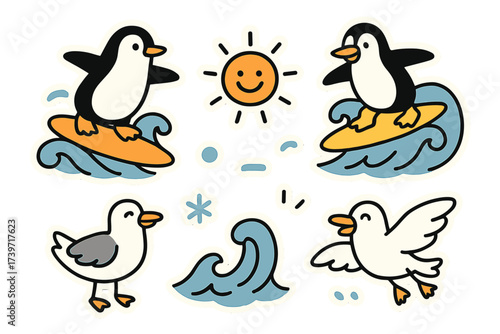 Surfing Penguins Stickers. Vector doodle stickers: playful penguins surfing on waves, cheerful sun, seagulls with smiles,