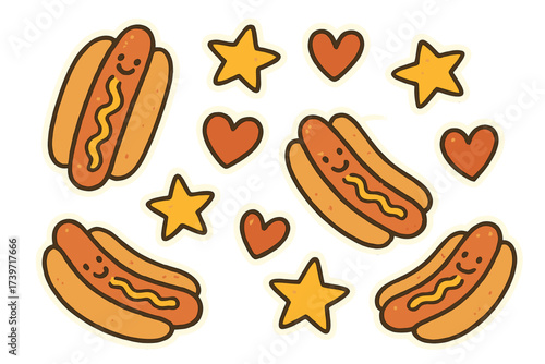 Whimsical Hotdog Stickers. Whimsical doodle stickers: hotdogs with happy faces, mustard stars, ketchup hearts, cheerful doodle