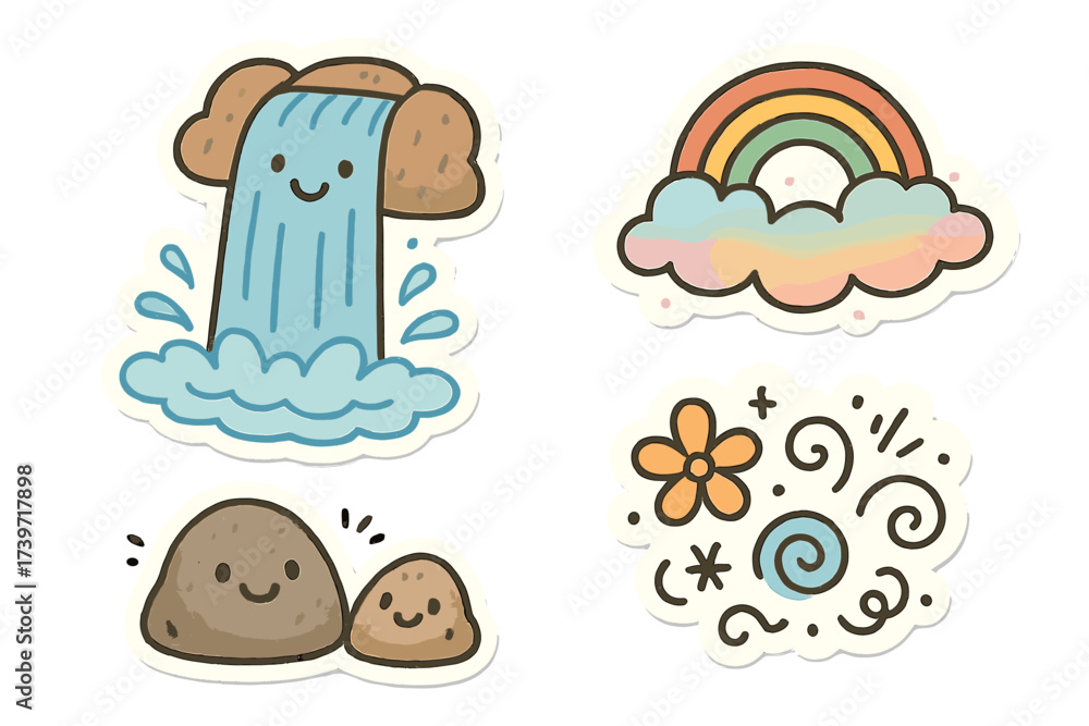 Fototapeta premium Whimsical Waterfall Stickers. Whimsical doodle stickers: waterfall with a happy face, rocks smiling, rainbow mist, playful doodle