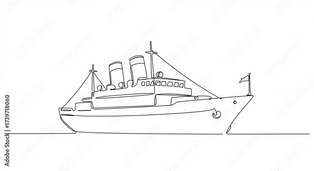 Fototapeta premium Grand cruise ship elegant in continuous line art against a white background with copy space
