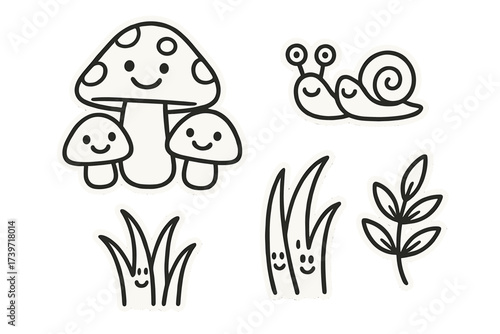 Smiling Mushroom Family. Funny doodle stickers: mushroom family smiling together, tiny snails with eyes, grass blades waving,