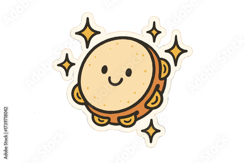 Charming Tambourine Doodles. Charming doodle stickers: tambourine with a face, jingles sparkling as stars, doodle charm, cheerful