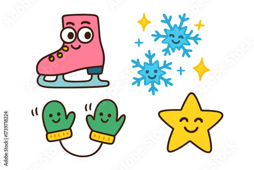 Cheerful Winter Doodles. Bright doodle stickers: ice skate with eyes, snowflakes sparkling, tiny mittens waving, cheerful doodle