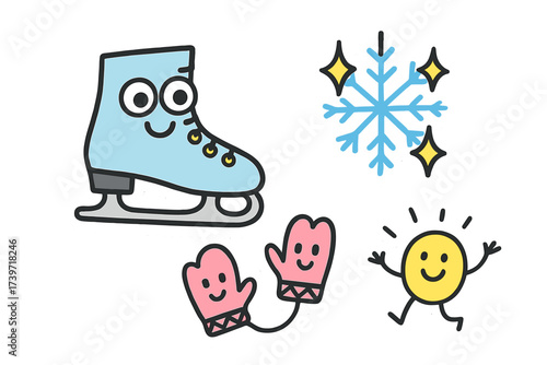 Cheerful Winter Doodles. Bright doodle stickers: ice skate with eyes, snowflakes sparkling, tiny mittens waving, cheerful doodle