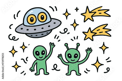 Cheerful Alien Doodles. Cheerful doodle stickers: UFO with eyes, tiny aliens waving, shooting stars sparkling, playful doodle