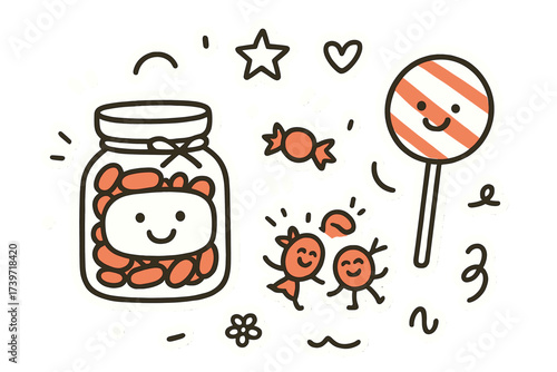 Candy Doodle Delight. Joyful doodle stickers: candy jar with a smiling face, tiny candies jumping, lollipop waving, simplified
