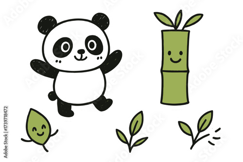Playful Panda Doodles. Delightful doodle stickers: panda with eyes, bamboo smiling, tiny leaves waving, playful doodle style,