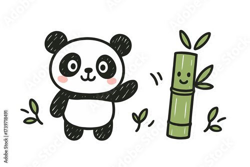 Playful Panda Doodles. Delightful doodle stickers: panda with eyes, bamboo smiling, tiny leaves waving, playful doodle style,