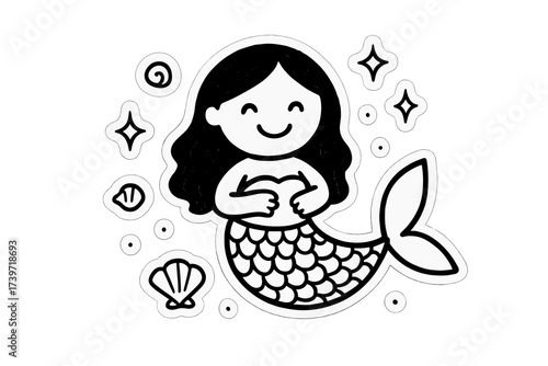 Mermaid Doodle Stickers. Magical doodle stickers: mermaid with a happy face, tiny shells and sparkles floating, simplified doodle