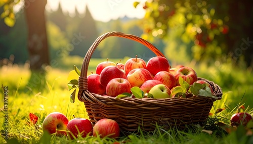 Fototapeta Naklejka Na Ścianę i Meble -  Fresh apples in a basket in a sunny orchard, a summer harvest scene