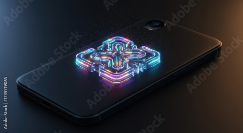 Abstract geometric design glows brightly with multiple colors, emitting a futuristic holographic appearance on the dark surface of a modern handheld communication device, creating a digital...