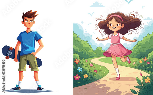 Cartoon boy with skateboard, confident stance, spiky hair, joyful girl running in pink dress, garden path, flowers, childhood fun, outdoor play, happiness