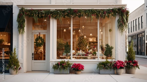 Charming store front decorated for the holiday season with festive plants