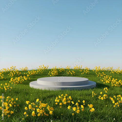 Floral Podium: An empty circular podium stands in the middle of a lush green field surrounded by cheerful, vibrant yellow flowers, under a brilliant blue sky.