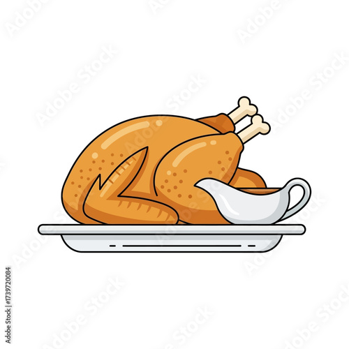Roasted turkey with gravy on a platter, illustration.