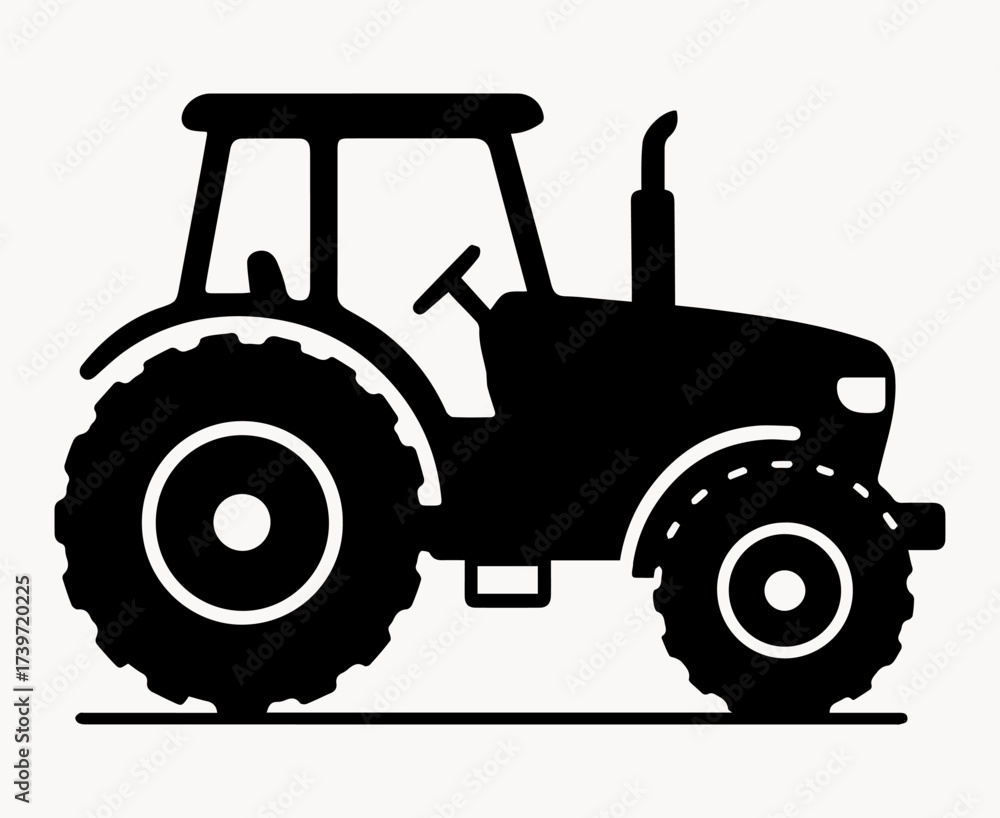 Obraz premium Black and white illustration of a tractor silhouette on a white isolated background. Vector graphics. EPS.