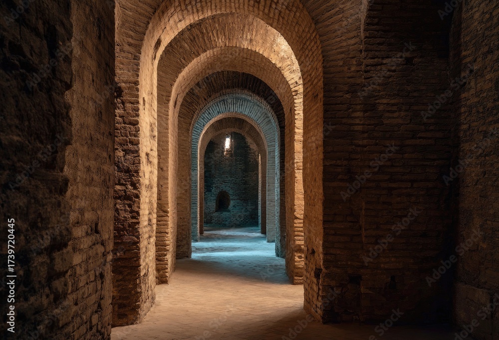 Obraz premium Series of arched walkways crafted from aged brick, illuminated by distant natural light
