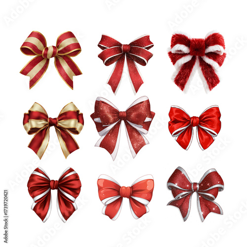 Red and gold ribbon bows pack bundles isolated on a transparent background