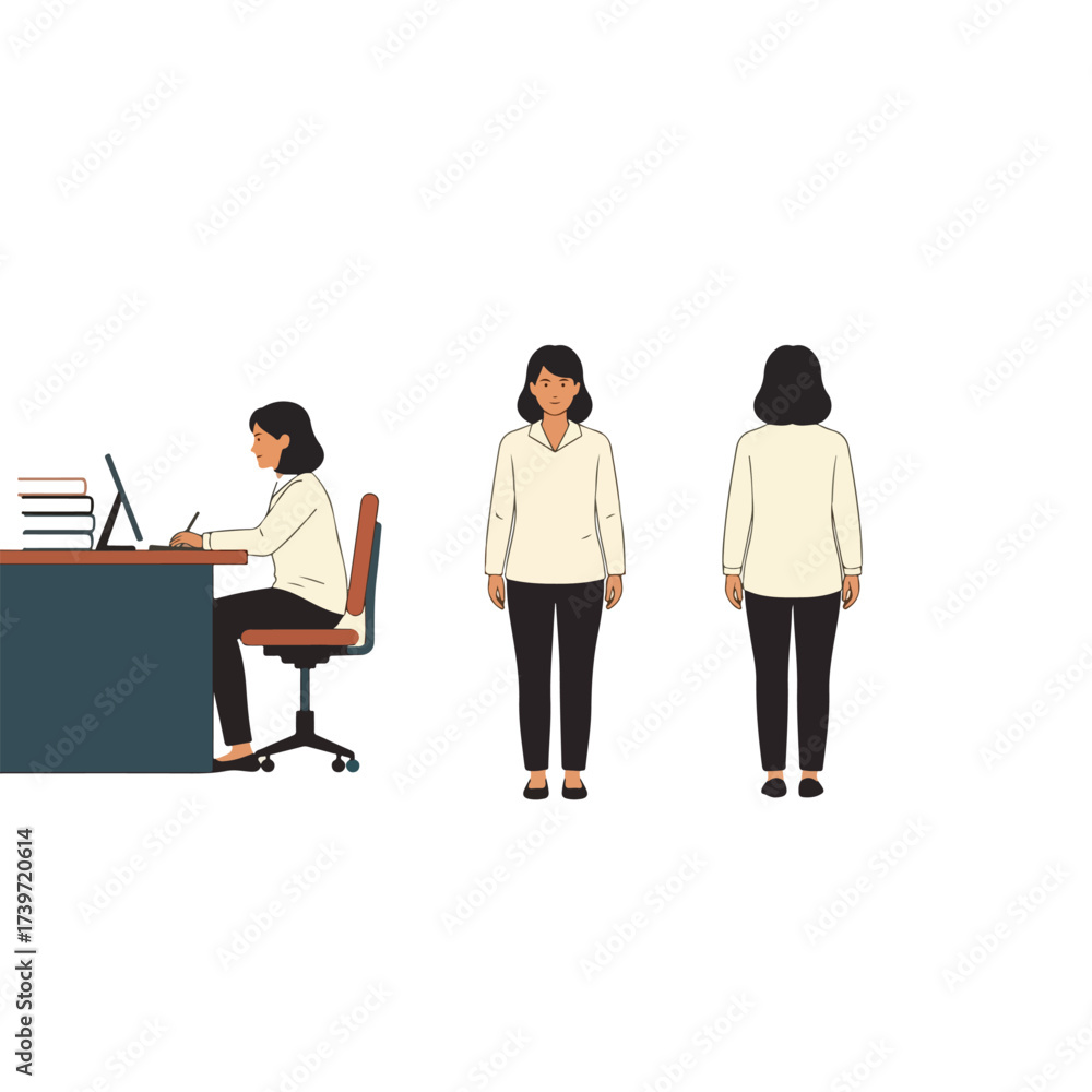 Obraz premium Woman working at desk, front and back views, isolated on white