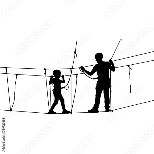 Instructor assisting child on rope bridge obstacle course silhouette