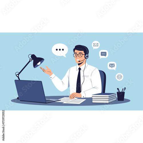 Customer service representative assisting clients at desk with headset