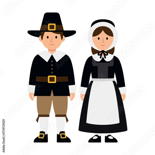 Cartoon illustration of a boy and girl in traditional Pilgrim clothing.
