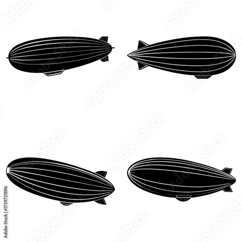 Four black and white zeppelin illustrations in different orientations on a white background plane