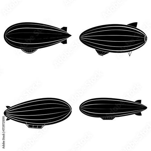 Four black and white zeppelin illustrations arranged in a square formation on a white background